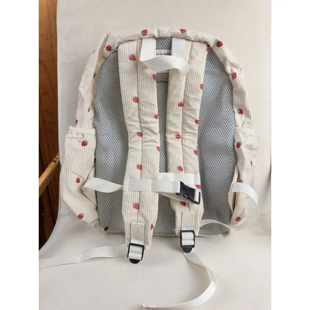 Miqah Mini Corduroy Strawberry Backpack Cream/Red Zip Pockets Adjustable Straps